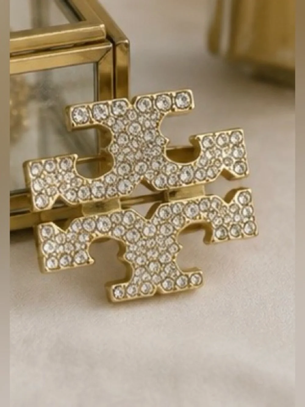Gold Tone Crystal Statement Brooch Rhinestone Double T Pin